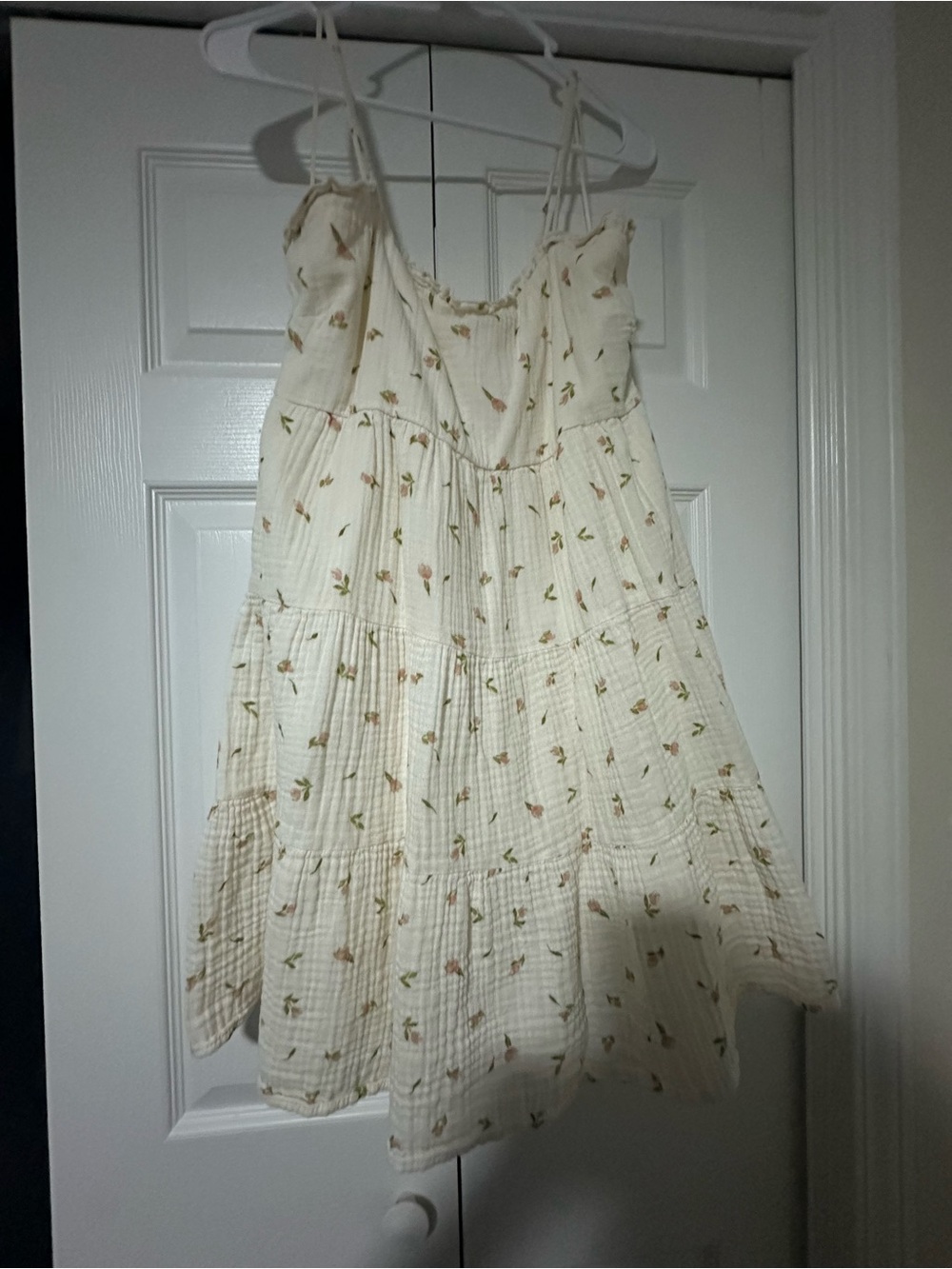 Cream Floral Tiered Spaghetti-Strap Mini Dress